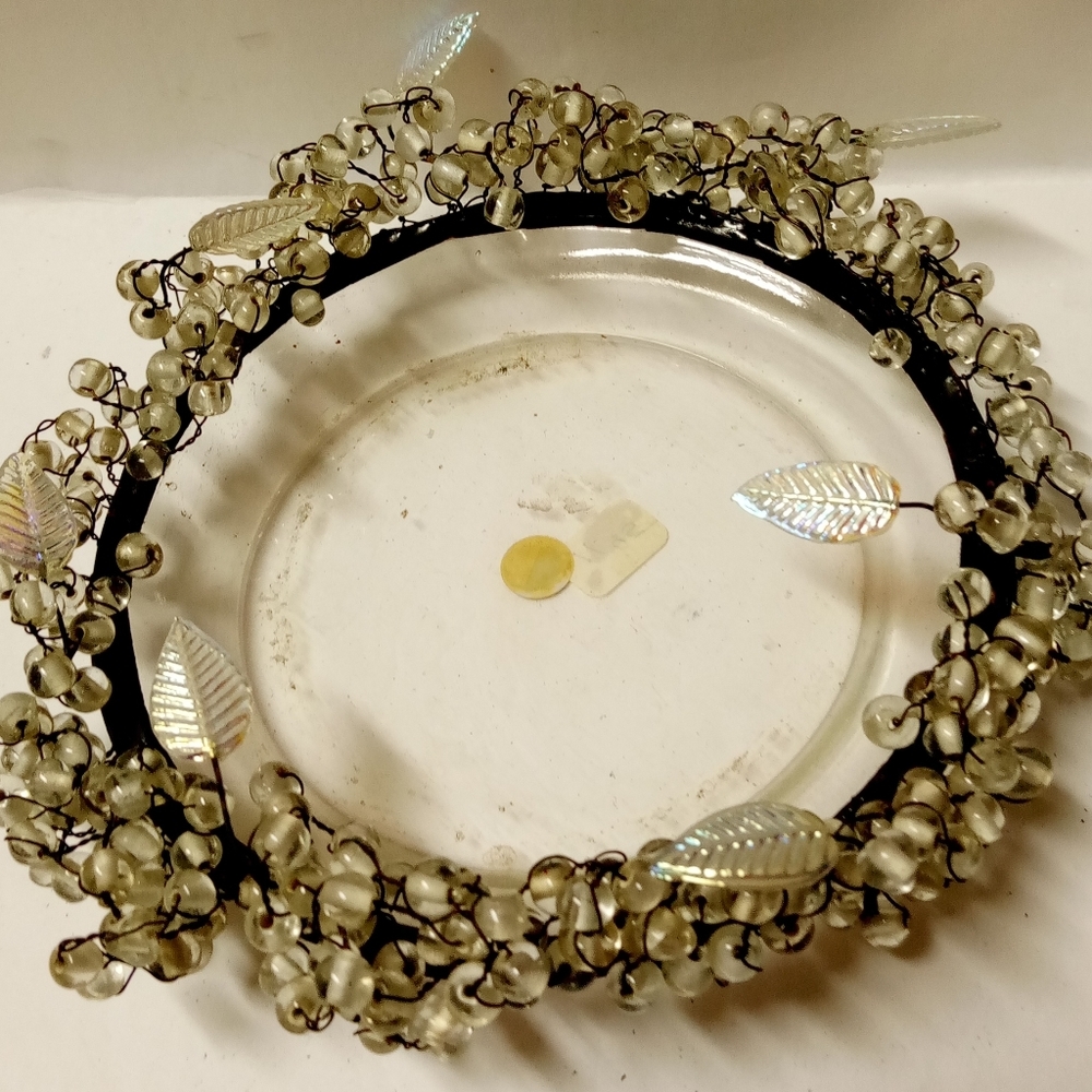 Handmade Wired Glass Candy Dish Grey, Metal Rim,Beads, Irridescent Leaves